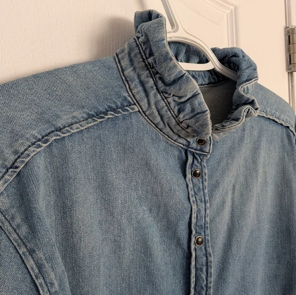 Ba&Sh Denim Shirt High Ruffle Collar Blue Size 3 - Picture 8 of 11